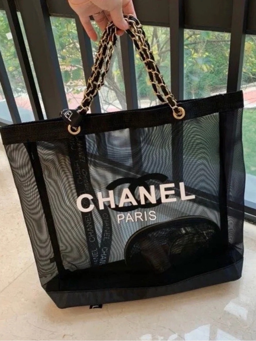 Chanel Beaute Black Mesh Tote with Pearl Chain and Cosmetic Pouch - New - Picture 2 of 10